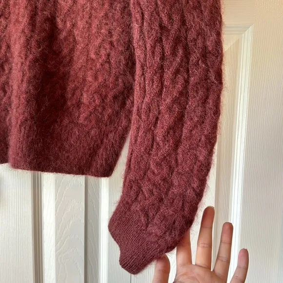 Vince Maroon Cable Knit Mohair Alpaca Blend V-neck Sweater sz XS