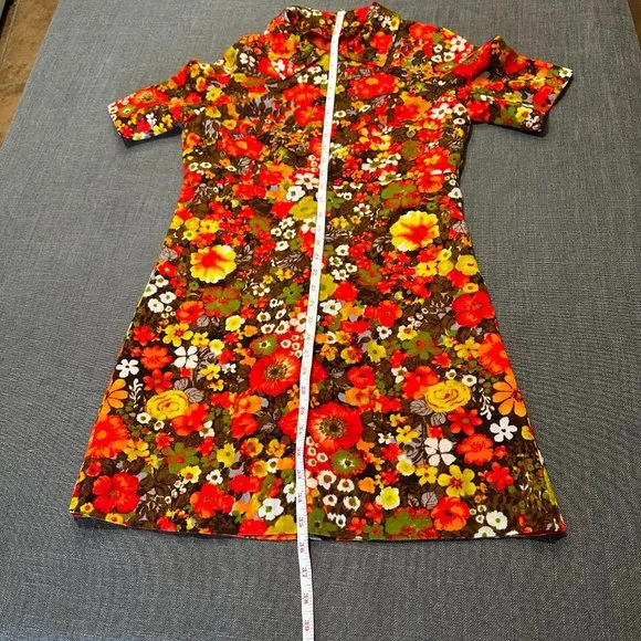 Vintage 60s Autumn Floral Shift Barkcloth Dress Front Zip