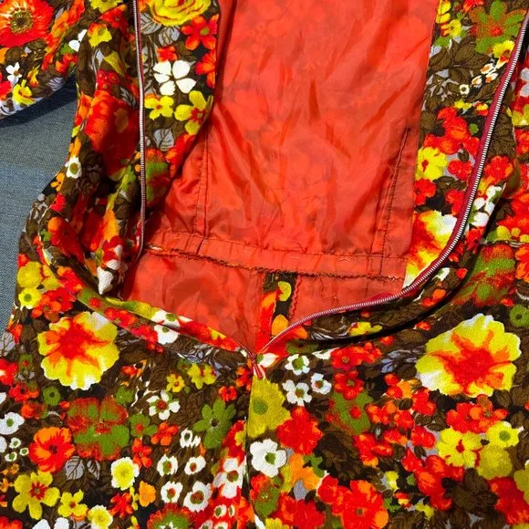 Vintage 60s Autumn Floral Shift Barkcloth Dress Front Zip