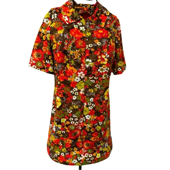 Vintage 60s Autumn Floral Shift Barkcloth Dress Front Zip
