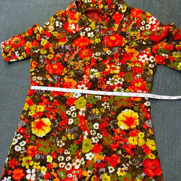 Vintage 60s Autumn Floral Shift Barkcloth Dress Front Zip