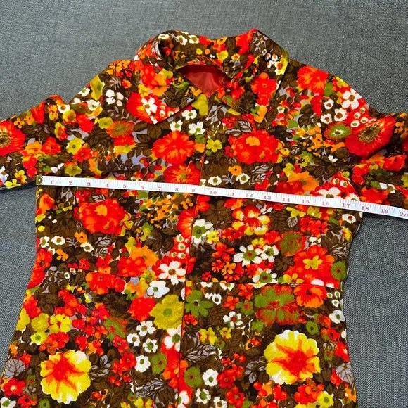 Vintage 60s Autumn Floral Shift Barkcloth Dress Front Zip