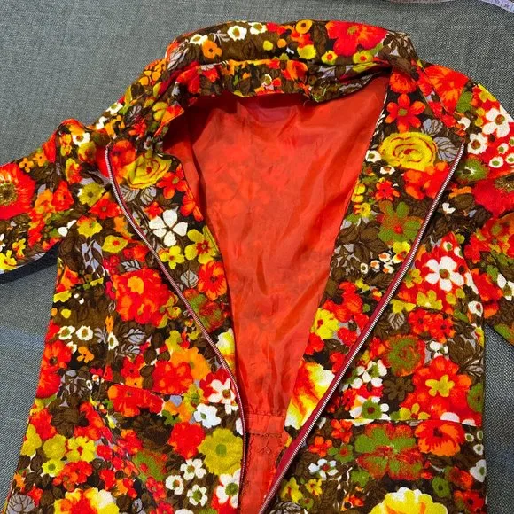 Vintage 60s Autumn Floral Shift Barkcloth Dress Front Zip