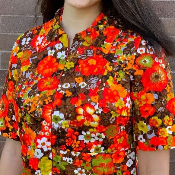 Vintage 60s Autumn Floral Shift Barkcloth Dress Front Zip