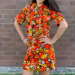 Vintage 60s Autumn Floral Shift Barkcloth Dress Front Zip