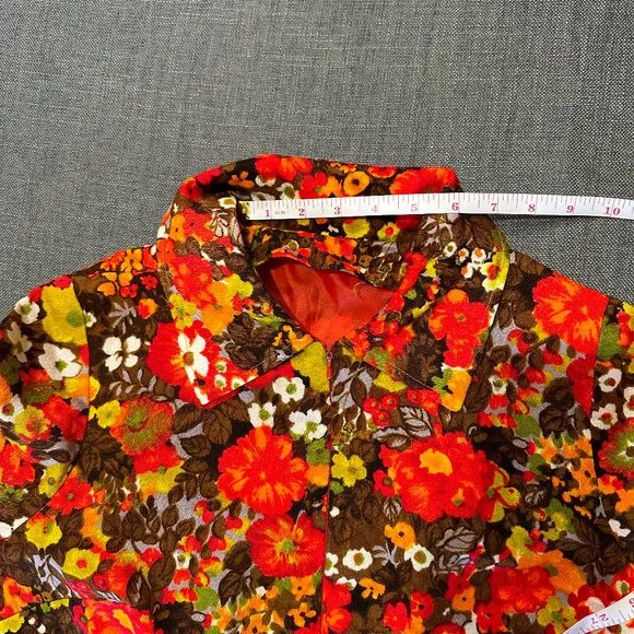 Vintage 60s Autumn Floral Shift Barkcloth Dress Front Zip
