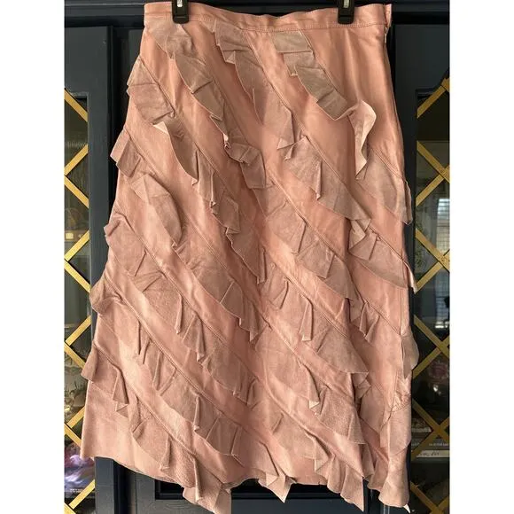 Vintage Boho cowgirl Suede Leather pink ruffle midi skirt 70's 80s 14 Large