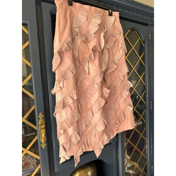Vintage Boho cowgirl Suede Leather pink ruffle midi skirt 70's 80s 14 Large