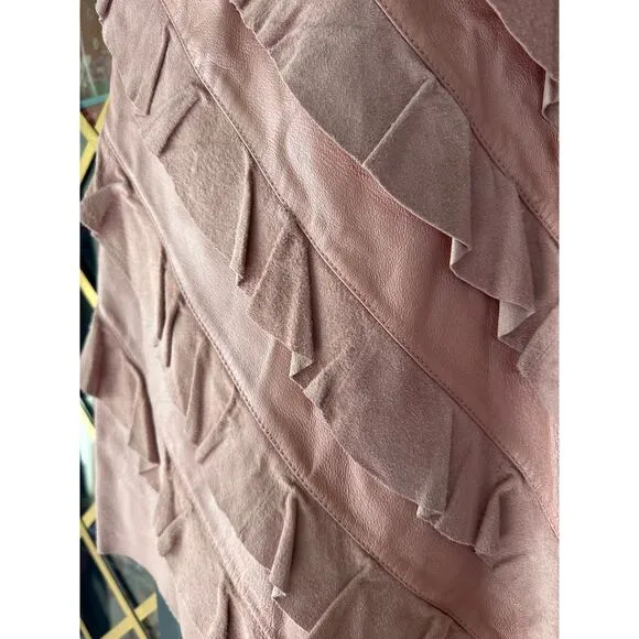 Vintage Boho cowgirl Suede Leather pink ruffle midi skirt 70's 80s 14 Large