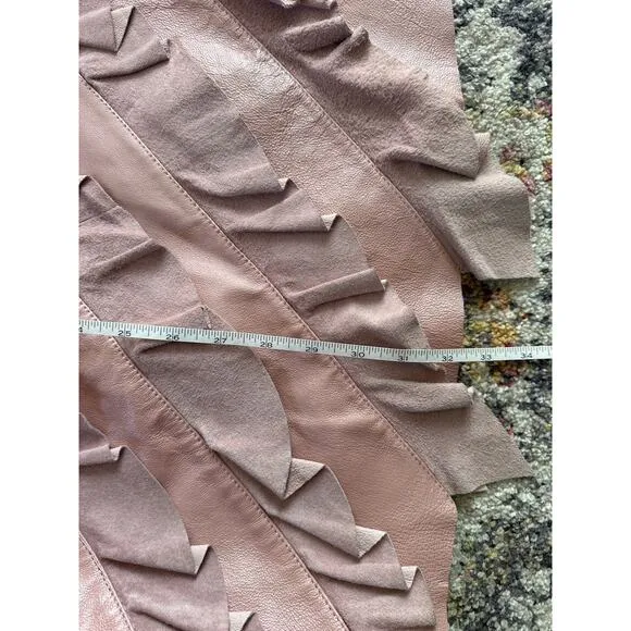 Vintage Boho cowgirl Suede Leather pink ruffle midi skirt 70's 80s 14 Large