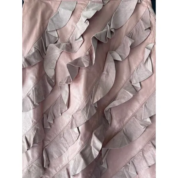 Vintage Boho cowgirl Suede Leather pink ruffle midi skirt 70's 80s 14 Large