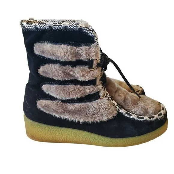 Vintage Boots Black Suede‎ Faux Fur Shearling  Wedge Apres Ski Boho Festival 7.5