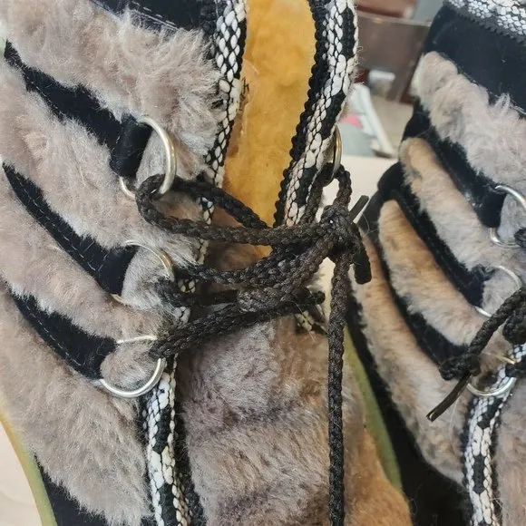 Vintage Boots Black Suede‎ Faux Fur Shearling  Wedge Apres Ski Boho Festival 7.5