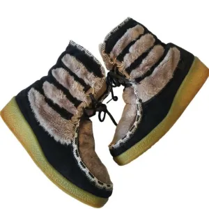 Vintage Boots Black Suede‎ Faux Fur Shearling  Wedge Apres Ski Boho Festival 7.5