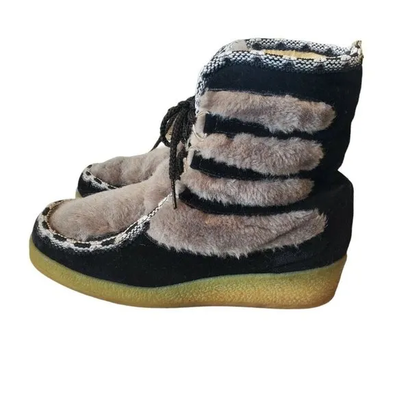Vintage Boots Black Suede‎ Faux Fur Shearling  Wedge Apres Ski Boho Festival 7.5