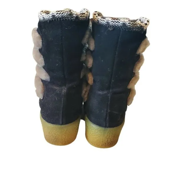 Vintage Boots Black Suede‎ Faux Fur Shearling  Wedge Apres Ski Boho Festival 7.5