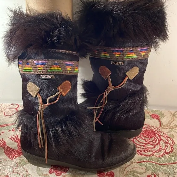 Vintage Tecnica Chocolate Brown Goatskin and Fur Scandia Apres Boots