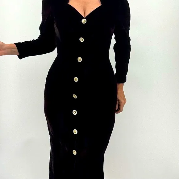 Vintage Y2K Velvet Pin Up Girl Goth Embellished Long Sleeve Midi Dress
