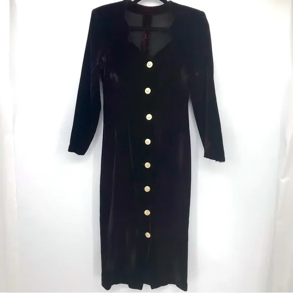 Vintage Y2K Velvet Pin Up Girl Goth Embellished Long Sleeve Midi Dress