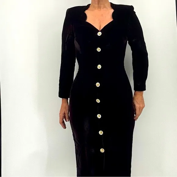 Vintage Y2K Velvet Pin Up Girl Goth Embellished Long Sleeve Midi Dress