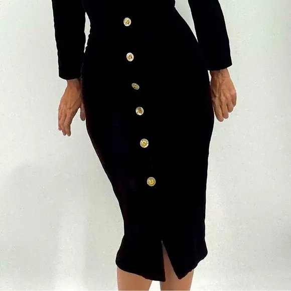 Vintage Y2K Velvet Pin Up Girl Goth Embellished Long Sleeve Midi Dress