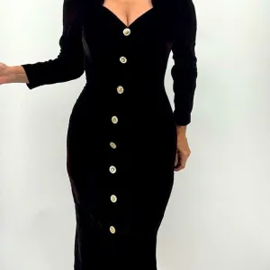 Vintage Y2K Velvet Pin Up Girl Goth Embellished Long Sleeve Midi Dress