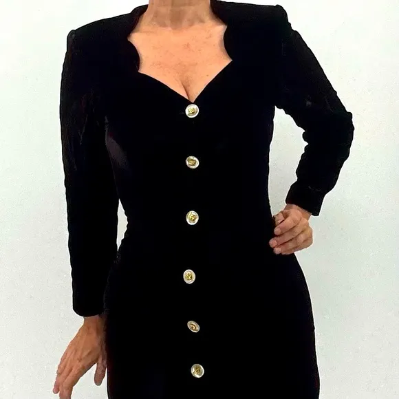 Vintage Y2K Velvet Pin Up Girl Goth Embellished Long Sleeve Midi Dress