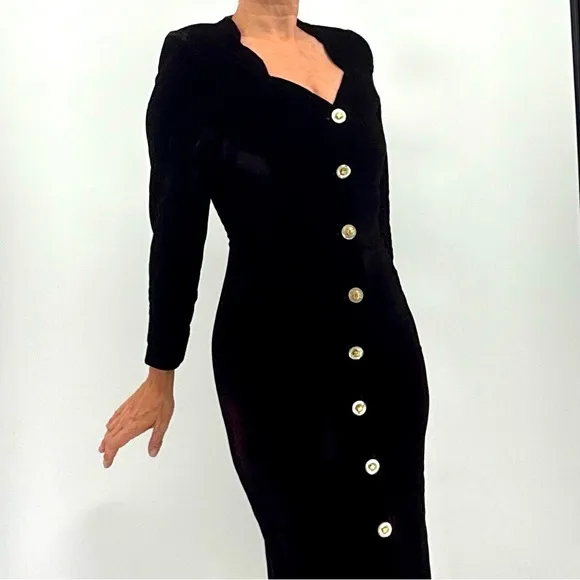 Vintage Y2K Velvet Pin Up Girl Goth Embellished Long Sleeve Midi Dress