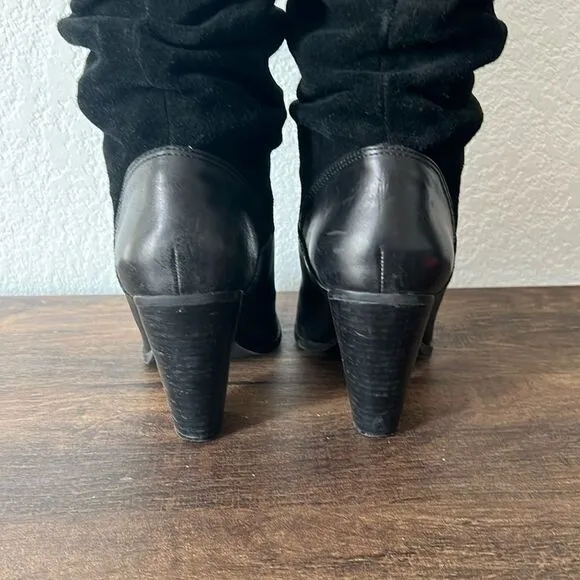 Vintage Zodiac Panda Boots Black Suede Leather Knee High Slouch Heeled Boots