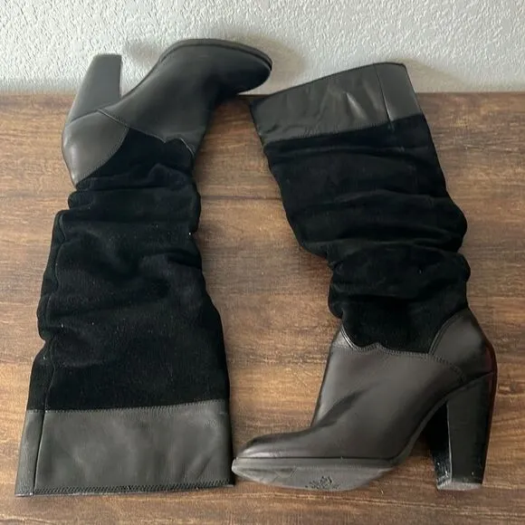 Vintage Zodiac Panda Boots Black Suede Leather Knee High Slouch Heeled Boots