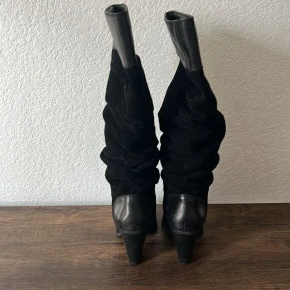 Vintage Zodiac Panda Boots Black Suede Leather Knee High Slouch Heeled Boots