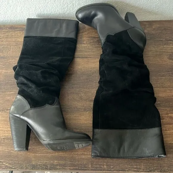 Vintage Zodiac Panda Boots Black Suede Leather Knee High Slouch Heeled Boots