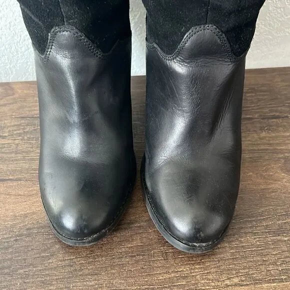 Vintage Zodiac Panda Boots Black Suede Leather Knee High Slouch Heeled Boots
