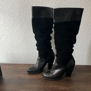 Vintage Zodiac Panda Boots Black Suede Leather Knee High Slouch Heeled Boots