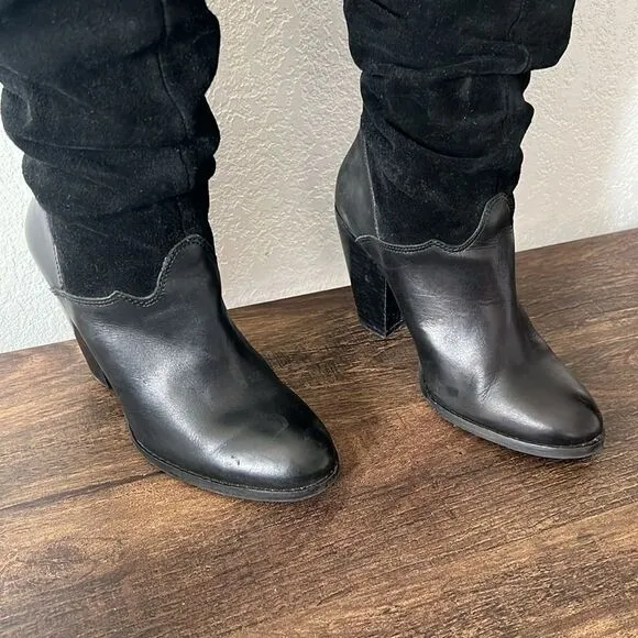 Vintage Zodiac Panda Boots Black Suede Leather Knee High Slouch Heeled Boots