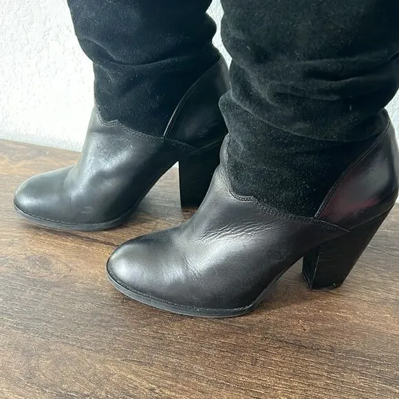 Vintage Zodiac Panda Boots Black Suede Leather Knee High Slouch Heeled Boots