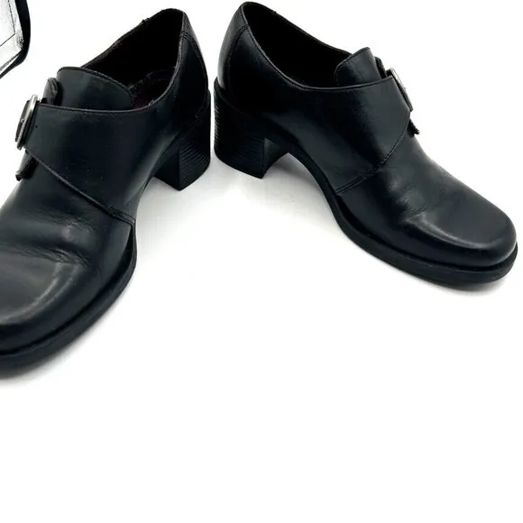 Vtg 90s Bass Womens Shoes 8 Black Leather Chunky Heel Buckle Oxford Loafers