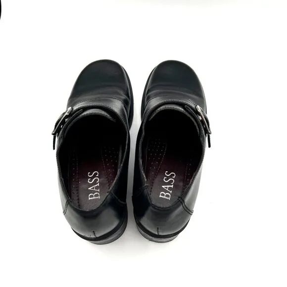Vtg 90s Bass Womens Shoes 8 Black Leather Chunky Heel Buckle Oxford Loafers