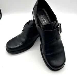 Vtg 90s Bass Womens Shoes 8 Black Leather Chunky Heel Buckle Oxford Loafers