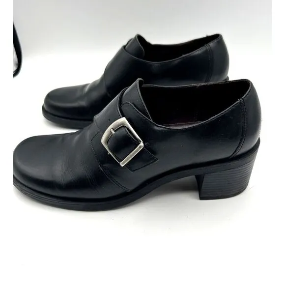 Vtg 90s Bass Womens Shoes 8 Black Leather Chunky Heel Buckle Oxford Loafers