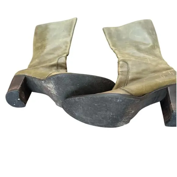 VTG Destroy Boots Y2K 90’s Mid Calf Block Heel Green Leather Women's Size 38/8