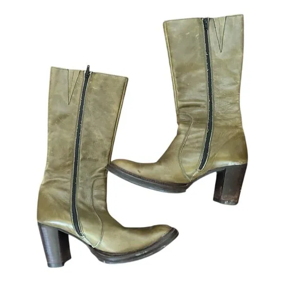 VTG Destroy Boots Y2K 90’s Mid Calf Block Heel Green Leather Women's Size 38/8