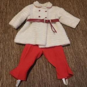 VTG Toddler Girl 3T Faux Fur Dbl Breast Coat Jacket Belt Suspender Fleece Pant