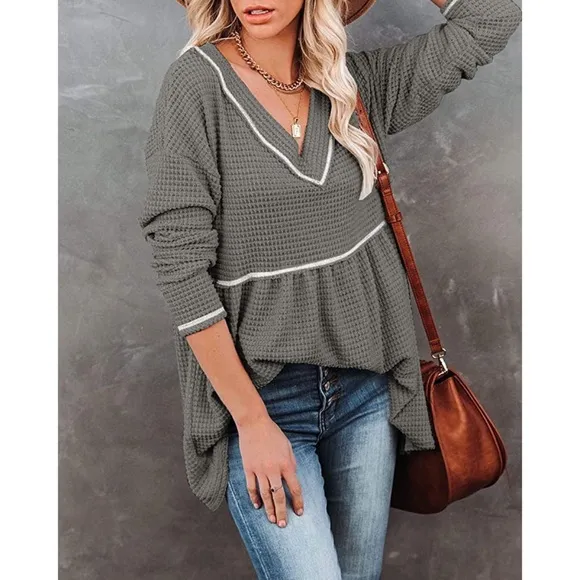 Waffle V Neck Tunic Peplum Flowy Swing Loose Long Sleeve Sweater Green S