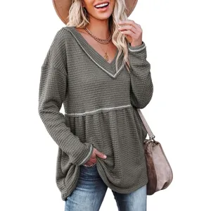 Waffle V Neck Tunic Peplum Flowy Swing Loose Long Sleeve Sweater Green S