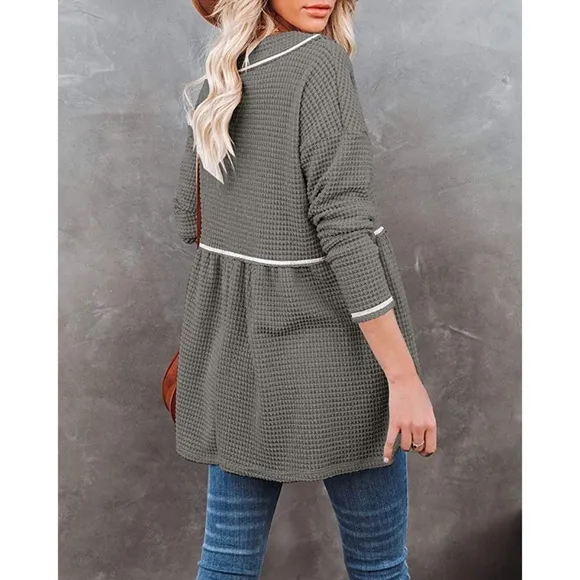 Waffle V Neck Tunic Peplum Flowy Swing Loose Long Sleeve Sweater Green S