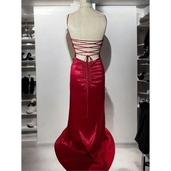 Water Signs Satin Feel, Strapless Bodice’s, Ruched, Hi Front Slit, Formal Gown,
