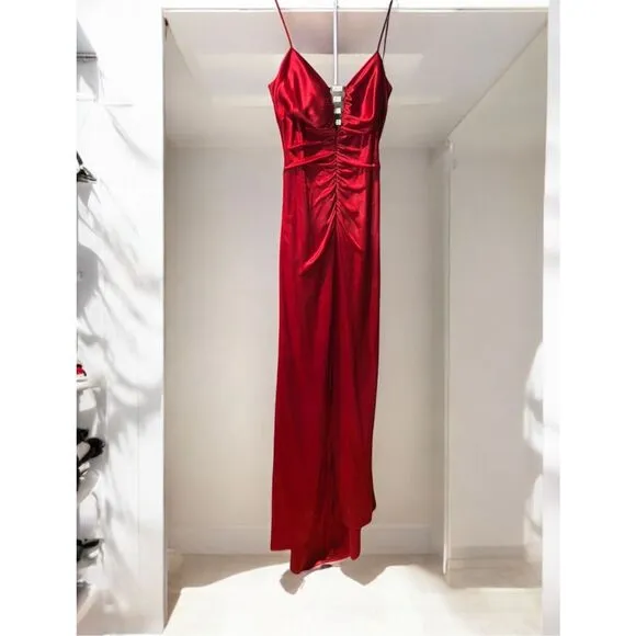 Water Signs Satin Feel, Strapless Bodice’s, Ruched, Hi Front Slit, Formal Gown,