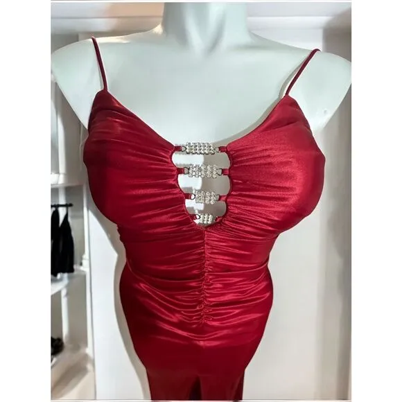 Water Signs Satin Feel, Strapless Bodice’s, Ruched, Hi Front Slit, Formal Gown,