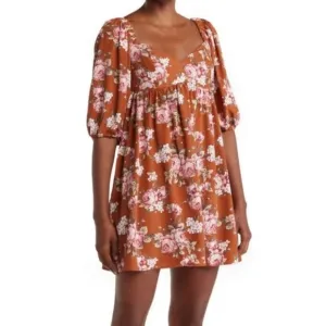 Wayf Anthropologie Copper Floral Puff Sleeve Cottagecore Mini Dress